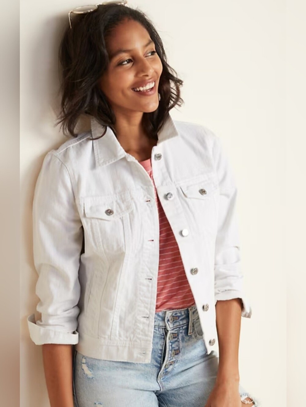 Old Navy Womens White Denim Stretch Cotton Jacket Classic Button-Front Large